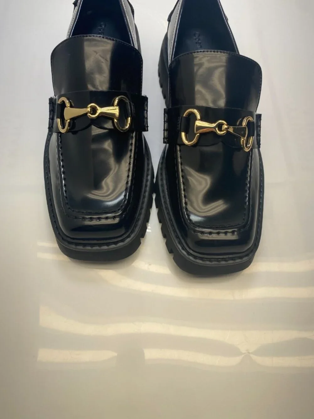 Open Edit Women's Black Lug Patent Leather Gold Hardware Loafer Sz 9m